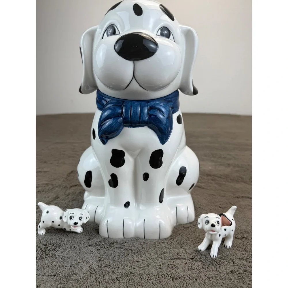 Vintage Dalmatian Ceramic Cookie Jar with‎ 2 Puppy Figurines Blue Bow Set